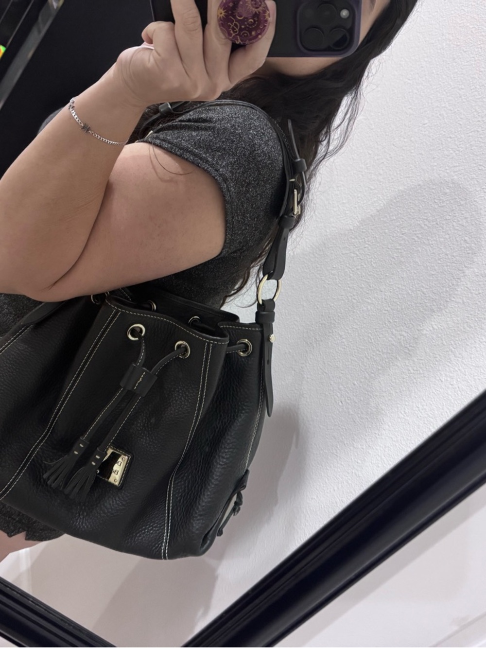 Dooney & Bourke Black Pebbled Leather Hobo Drawstring Bag - Picture 11 of 14